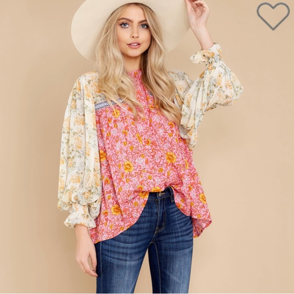 Entro Pink and Red Ruffled Bib Collar Blouse